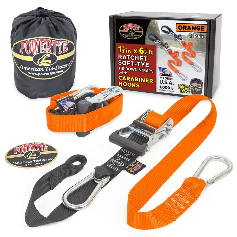 PowerTye 1.5in x 6.5ft Heavy Duty Ratchet Tie-Down Straps with Soft-Tye, Carabiner Hooks - 1,000 lb Working Load Limit / 3,000 lb Breaking Strength - Made in USA - Orange/Black Pair + Storage Bag - Image 1